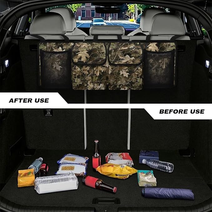 Dreaweet Forest Hunting Camo Car Trunk Organizer Back Seat Hanging Organizer for SUV Collapsible Car Trunk Storage Organizer with 4 Pockets Cool Car Accessories Interior for Men