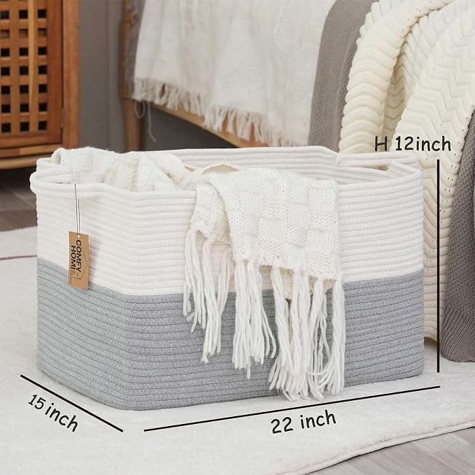 COMFY-HOMI Large Rectangular Blanket, Cotton Rope Woven for Storage, LaundryHamper, Storage,Toy Organizing Bin with Handle, Organizer and Storage-22x15x12-