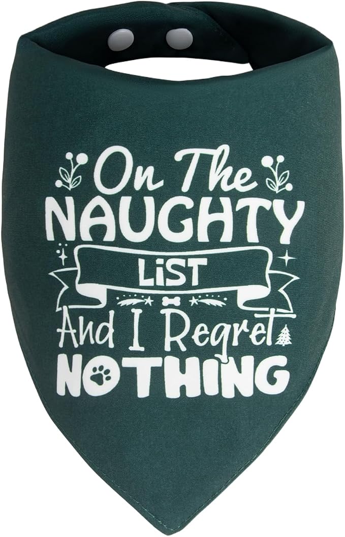 Christmas Dog Bandanas Naughty & Nice Idea Funny Holiday Stocking Pet Scarf Gifts - On the Naughty List and I Regret Nothing, Solid Green, Extra Large Breed, 75lbs+
