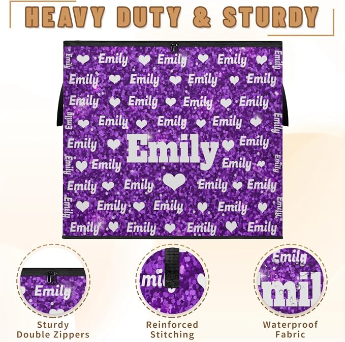 Personalized Extra Storage Bins with Lid, Customized Name Jumbo Storage Basket Rectangle Clothes Organizer for Organizing Kids and Pets Toys Shelf Closet, Love Heart Pattern Purple Sequins