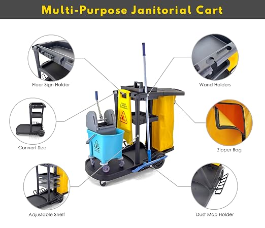 Commercial Housekeeping cart Janitorial cart with Cover and Vinyl Bag, L 52" x W 22" x H 40"