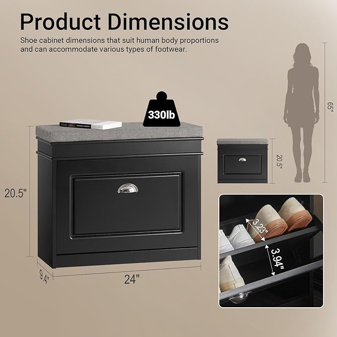 Haotian Black Hallway Shoe Bench, Narrow Shoe Rack Entryway, Small Shoe Cabinet with Flip-Drawer and Seat Cushion, FSR82-K-SCH
