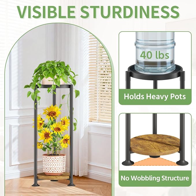 KMOTASUO 2 Tier Metal Plant Stand Tall for Indoor Outdoor Corner, Modern Black