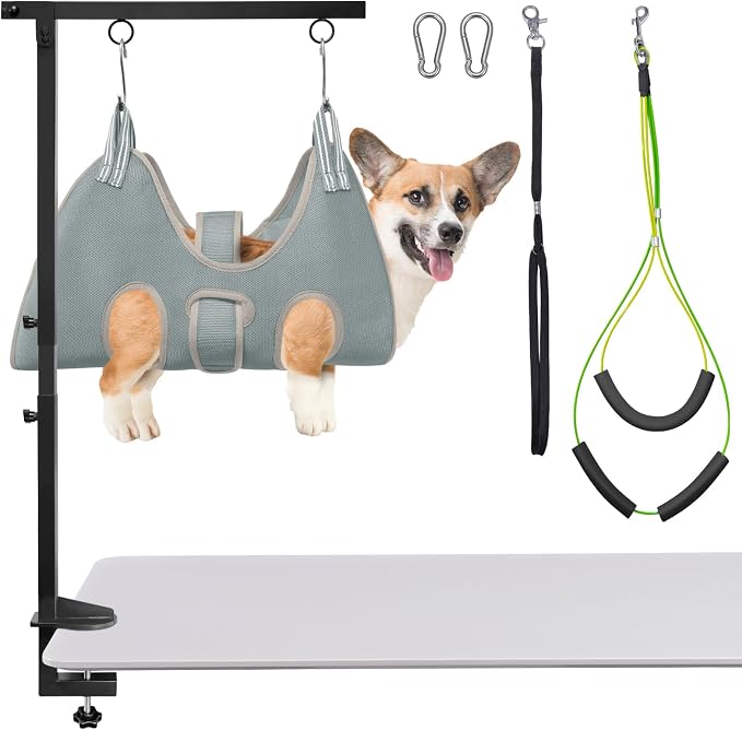 Dog Grooming Arm with Hammock, Height 27"-38", Size M, Grey | Foldable table arm with no-sit holder and restraint loops; ideal for small and medium pets at home or in salons.