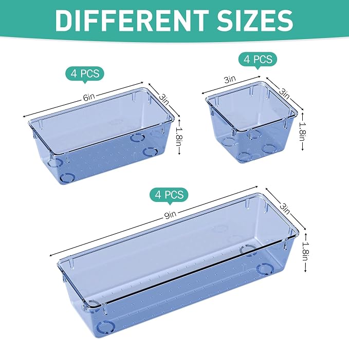 9 Pack Clear Drawer Organizer Set, Drawer Storage Trays, Storage Bins | Acrylic Drawer Storage Trays, Storage Bins for Makeup, Cosmetics, Jewelries, Utensils, Gadgets, Office