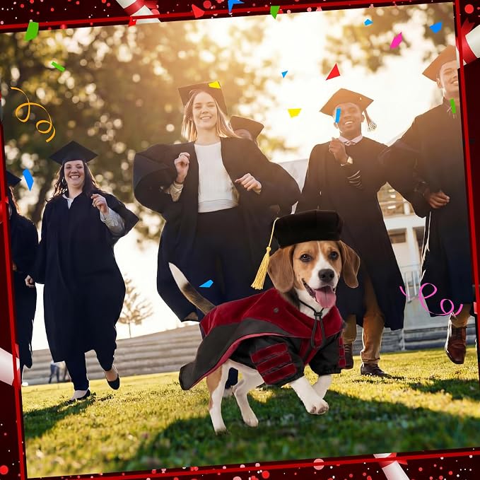 Huhumy 3 Pcs Dog Cat Graduation Doctoral Costume Set, 2026 Pet Phd Graduation Cap and Deluxe Doctoral Gown with Hood Side Tam Puppy Kitty Dogs Grad Holiday Party Costume Accessory(Red,M)