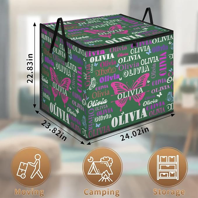 Custom Extra Large Storage Baskets Named with Lid, Personalized Storage Bins Basket Boxes Handles for Clothes Blanket Bedroom Closet Organizing Toys Shelves, Deep Forest Green with Butterflies
