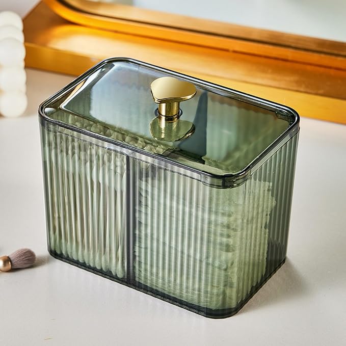 Cotton Swab Holder Cotton Pad Holder with 3 Compartments Green Bathroom Vanity Storage Organizer