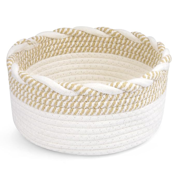 Small Cotton Rope Storage Basket, Boho Cotton Rope Storage Bins for Towel,Pet Kids Toy, Round Jute-Colored Woven Basket, Empty Gift Basket, 8 x 8 x 4