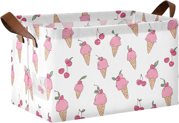 Pink Ice Cream Cone and Cherry Storage Basket Foldable Cube Storage Bins with Handles&Label Waterproof Collapsible Organizer Box Bin Large Rectangle Decorative Baskets for Shelves Home Room Laundry