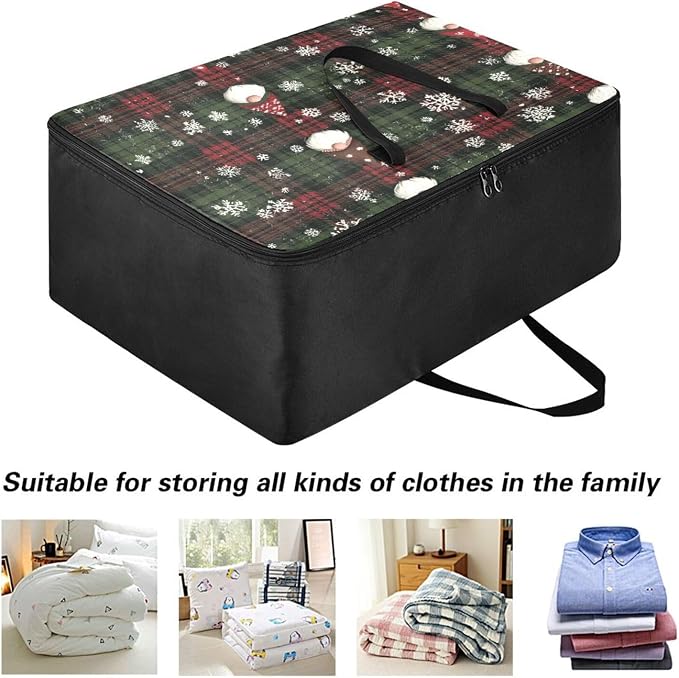 Comforter Storage Bags Large Folding Blanket Organizer Bag with Strong Handles Clear Window Closet Storage Containers for Clothes King Queen Pillows Bedding Quilt Duvet Christmas Gingham Gnome