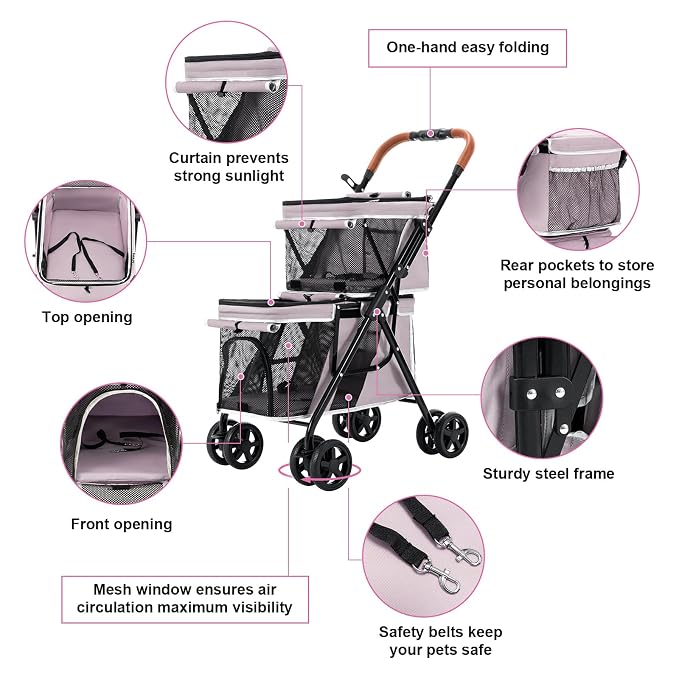 Double Pet Stroller for 2 Dogs & Cats, Double-Decker, Pink | One-Hand Fold Two-Tier Stroller with Separate Cabins, 44 lb Capacity, 4 Tethers, Locking Front Wheels and Rear Brakes