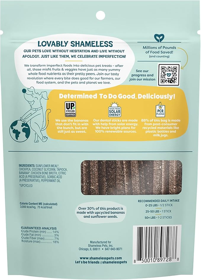 Shameless Pets Dental Treats for Dogs, Banana Bone-Anza - Healthy Dental Sticks with Hip & Joint Support for Teeth Cleaning & Fresh Breath - Chews Free from Grain, Corn & Soy