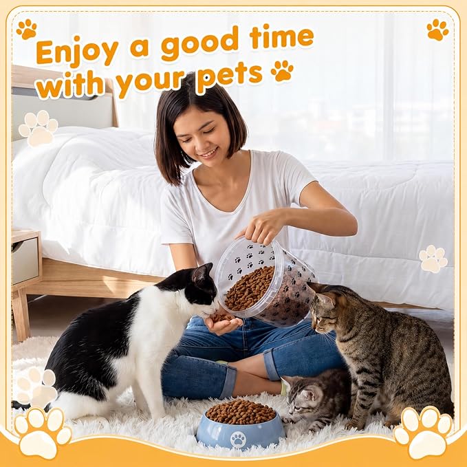 6 Pack 64 oz Clear Dog Snack Container with Handle Plastic | Paw themed Print, Round, Anti Drop, Stackable Storage Buckets with Lid, Pet Food Bins for Dog Kibble, Cat Snacks, Pantry