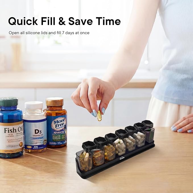 Medium-Large Weekly Pill Organizer 1 Time a Day, 7 Day Pill Box, Black | BPA-Free, Spill-Resistant, Detachable 1-a-Day Boxes, for Vitamins & Medication, Travel-Friendly, Velvet Pouch
