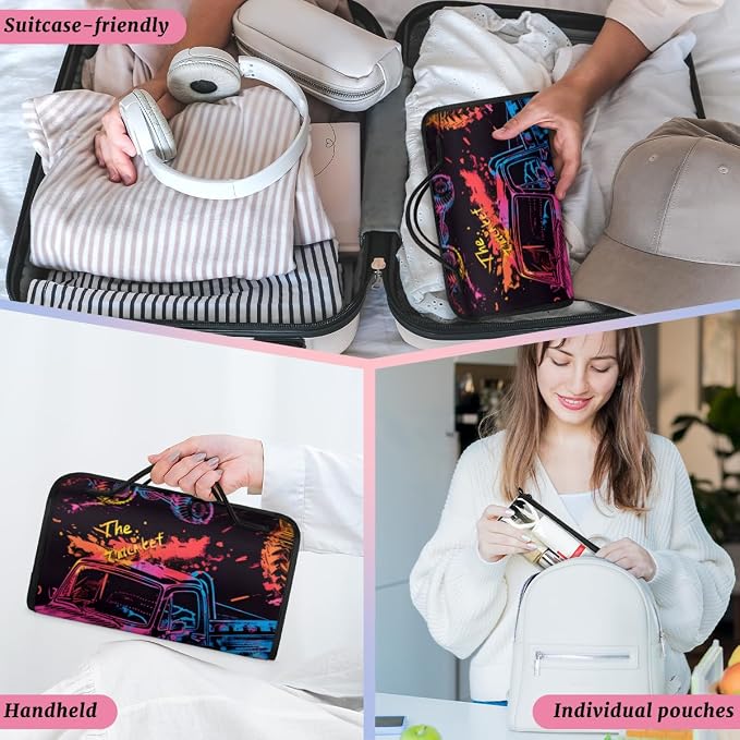 Monster Truck Makeup Bag for Women Hanging Roll-Up Travel Organizer Toiletry Kit with 4 Removable Compartments, Cartoon Cars