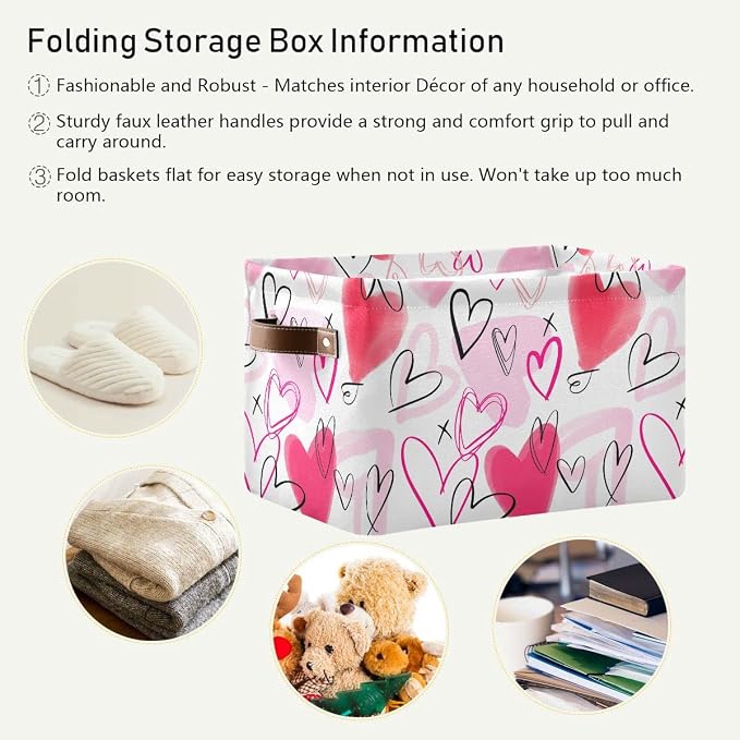 Happy Valentine's Day Pink Love Storage Basket Fabric Laundry Baskets Red Heart Storage Boxes Organizer Bag for Baby Cloth Dog Toy Book Storage Cubes Shelf Closet Bins 16×12×8 Inches