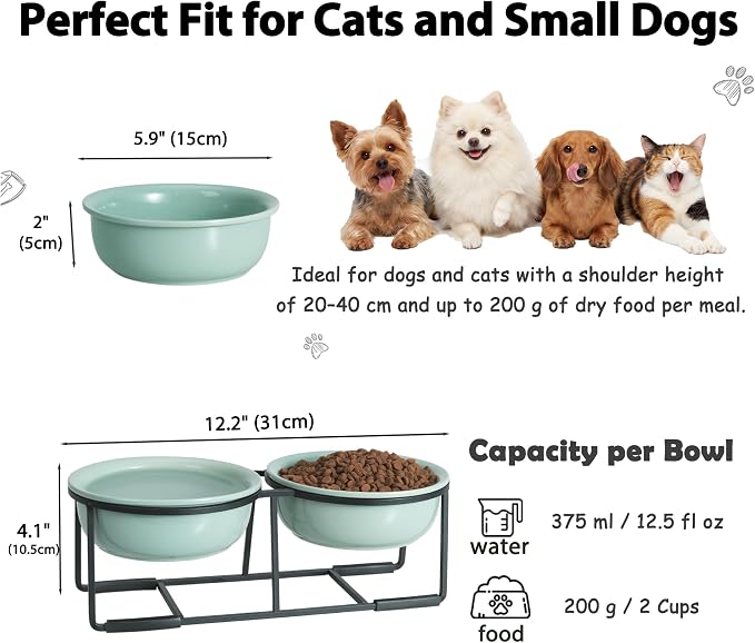Ceramic Elevated Dog Bowl Set - Double Dog Food and Water Bowls with Metal Stand - Raised Pet Dishes for Puppies and Cats - 2 Cups - 12.5 fl oz - Green