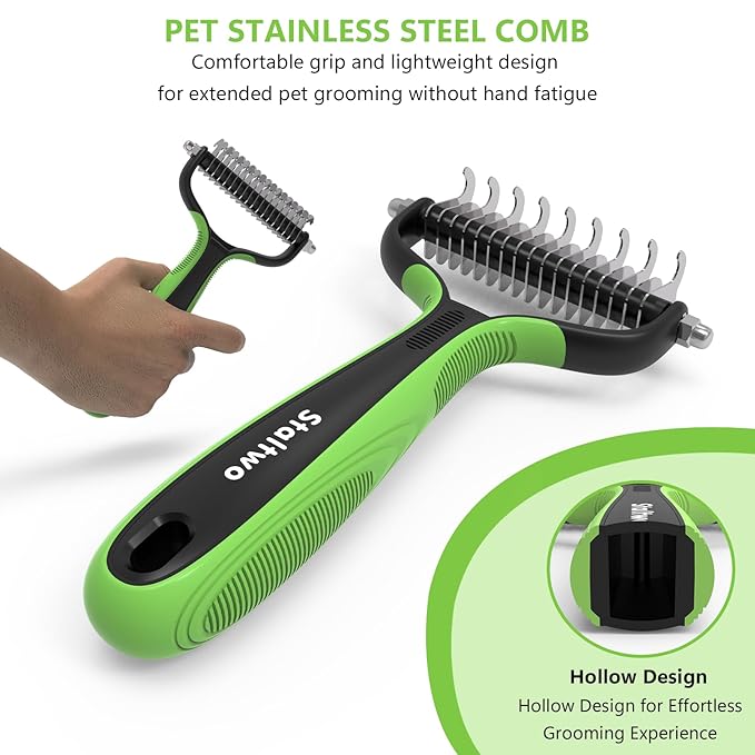 STALTWO Pet Grooming Supplies - 2-in-1 Professional Undercoat Rake and Pet Brush | Shedding Control for Long Haired Dogs and Cats, Deshedding Tool, Furminator for Dogs, Green