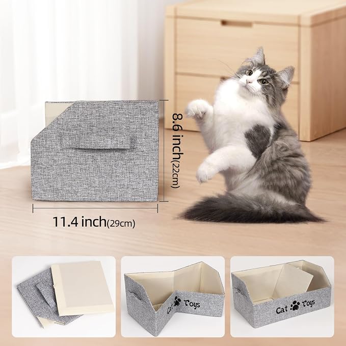 19.7 in Cat Toy Bin, Cat Toy Storage Box Kitten Toy Basket Collapsible Pet Supplies Storage Chest Holder Organizer with Handles for Organizing Dogs Cats Toys Clothes Accessories, Gray