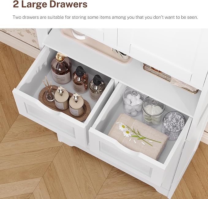 TEENFON 57.8" H Tall Bathroom Storage Cabinet with 4 Doors & 2 Adjustable Shelves, Freestanding Bathroom Cabinet with 2 Drawers, Kitchen Cabinets & Pantry, Cupboard for Kitchen, Dining Room, White