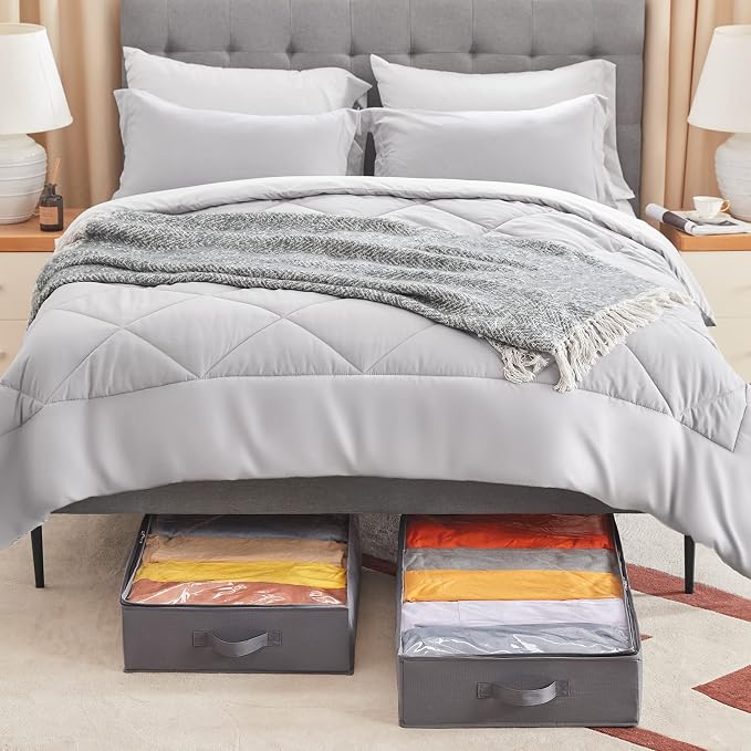 Lifewit Under Bed Storage Bag Organizer with Reinforced Handle Thick Fabric Clear Window Large Capacity Foldable Underbed Storage Container for Clothes Blankets Set of 6 Organization and Storage, Grey