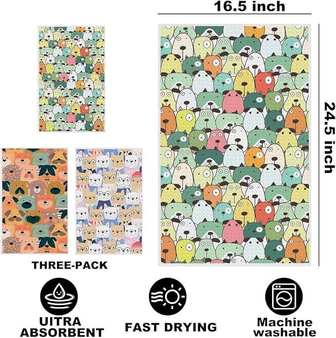 Hanamiya Na 3 Pcs Cute Cartoon Dog Kitchen Towels, Colorful Seamless Pattern Decorative Absorbent Microfiber Dish Cloth Tea Towel, Durable Hand Towels for Farmhouse Home Bathroom, Dog Lover Gifts