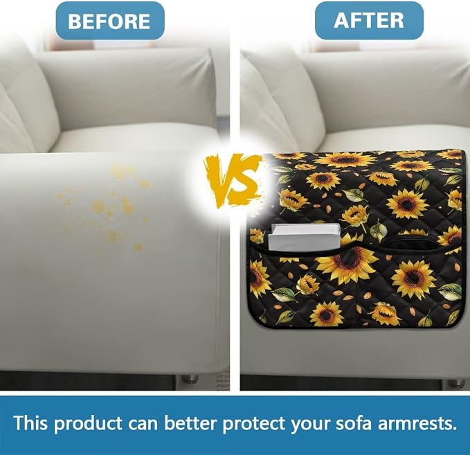 Sunflower Stretch Couch Arm Covers with Two Pockets Breathable Armrest Covers Chairs Arm Cover Easy to Clean, Scratch-Resistant Sofa Arm Protector Home Furniture Decor Cover