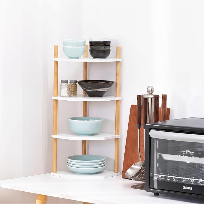 4-Tier Bamboo Corner Shelf,Kitchen Countertop Organizer,Corner Countertop Organizer Shelf, Coffee Bar Organizer,Coffee Bar Accessories,for Kitchen, Pantry, Organizers and Storage,White