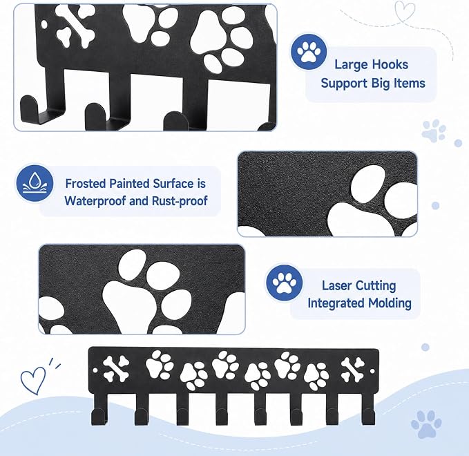 Dog Leash Holder for Wall Dog Decor Key Hangers Organizers, 1Pc | 11.8x2.75in Leash Holder for Wall Key Rack Iron Paw Design Screw Anchors Mounts for Entryway Hallway Storage