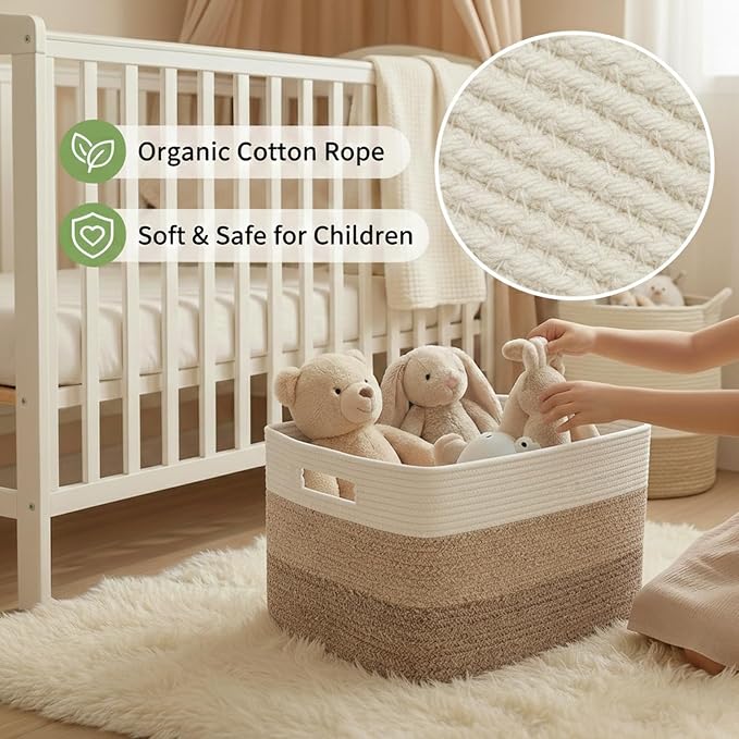 JMvicyroam 65L Large Woven Cotton Rope Blanket Basket, White&Brown | Blanket storage for living room or bedroom use, Freestanding with reinforced handles, Entire basket is machine washable