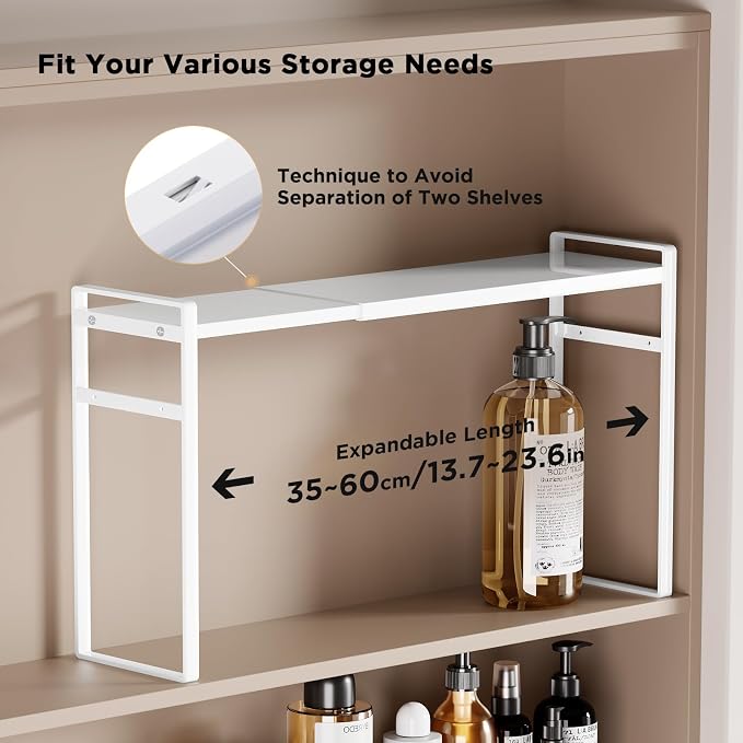 Expandable Medicine Cabinet Organizer, White | Heavy-Duty, Metal, Adjustable Shelf Trays, For Bathroom, Kitchen, Narrow Spaces, Space-Saving Storage Solution