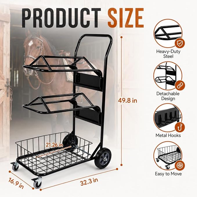 Rolling Saddle Rack Cart with Basket, 220 Lbs, 32.3*16.9*49.8 inch | Horse Tack Dolly Saddle Stand for Western & English Saddles, Heavy Duty Saddle Stand for Tack Room, Bridle, Horse Lovers