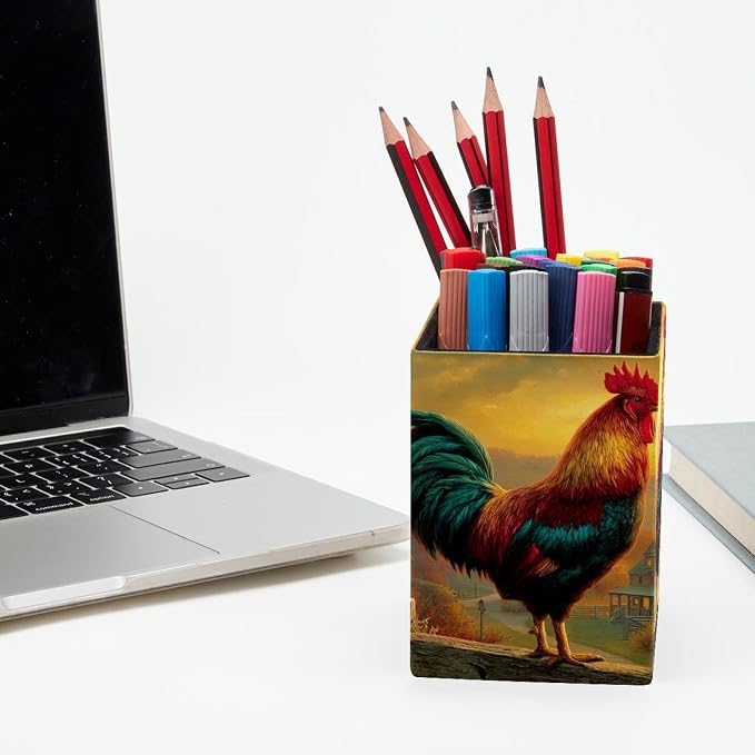 Rooster Pen Holder for Desk Decor, Rectangular PVC Leather Pencil Cup for Desk Pen Organizer, Makeup Brush Holder for School, Home, Office