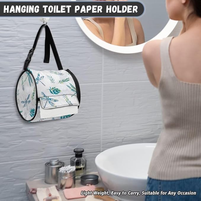 Hanging Paper Tower Holder Wall Mounted Cylinder Toilet Paper Roll Storage Holder with Adjustable Strap Easy to Install 6.3 * 6.3 * 6.3 Inch,Vintage Dragonfly