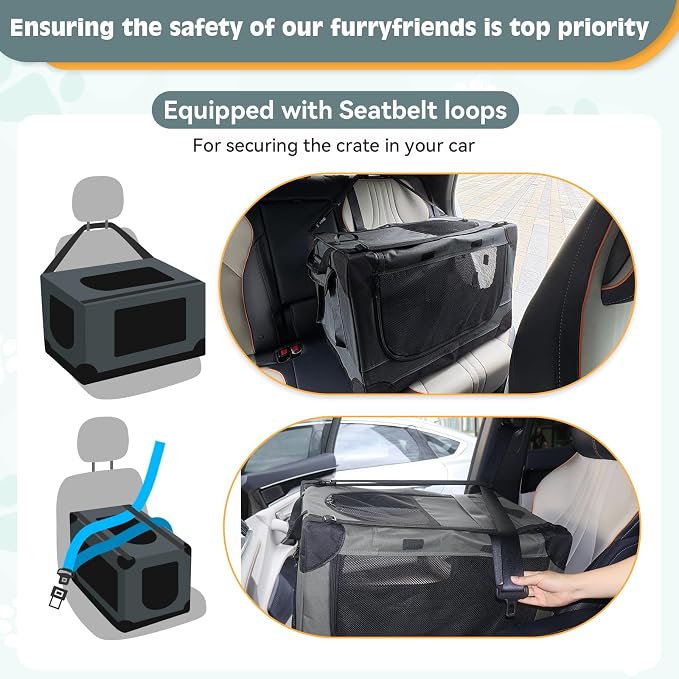24 inch Small Dog Crate - for Small Dogs, Portable Travel Pet Crate with 4 Mesh Doors, Foldable Car Kennel for Puppy with Handle for Indoor and Outdoor, Gray