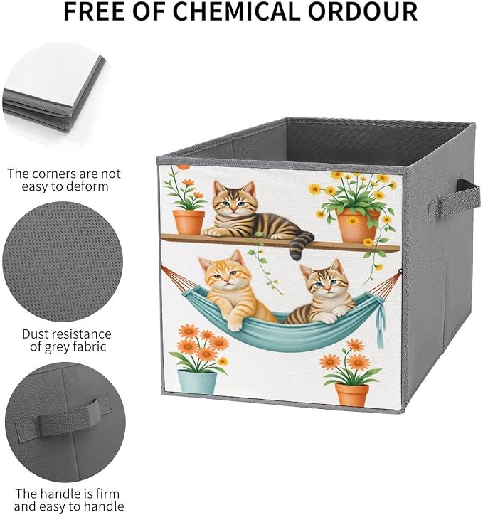 Animal Cat Flower Foldable Storage Bins, 10.6" Cube Storage Organizer, Sturdy Oxford Cloth Fabric Baskets for Closet, Shelf, Nursery, Bedroom, Decorative Printed Box for Toys & Clothes