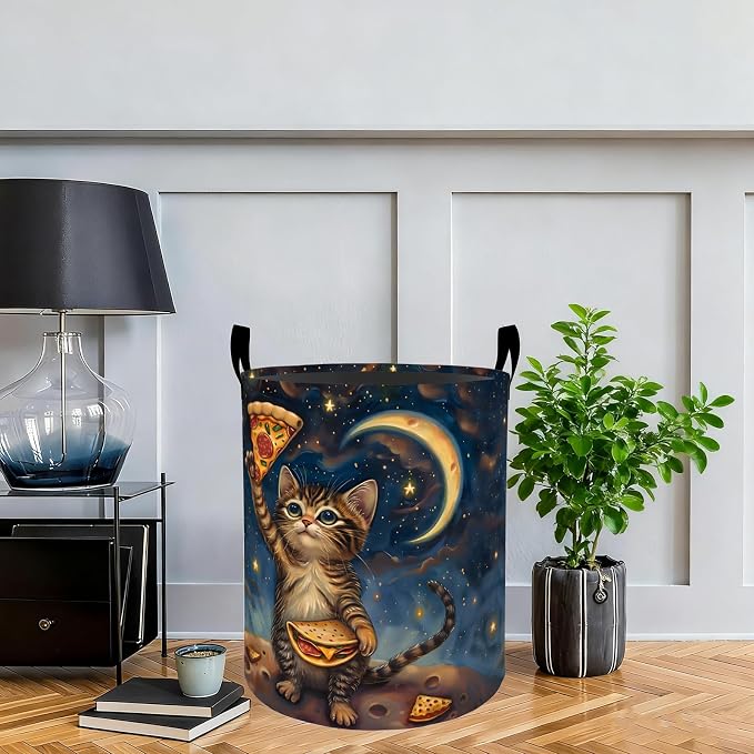 Playful Cat Laundry Basket Hamper, Organizer Bins Gifts for Women Kids, Cute Pizza Moon Foldable Waterproof Clothes Hamper Handles Storage Bucket for Bedroom Bathroom Room Decor 19.7"x15.7"