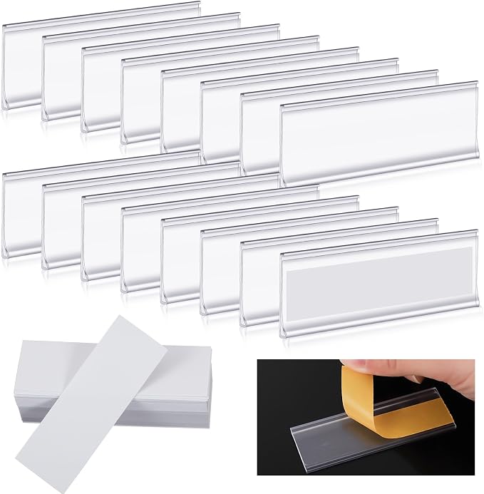 120 Set Shelf Labels, 3 x 1in Adhesive Label Holders with White Paper Tags | Includes 120Pcs Paper Tags and 120Pcs PVC Clear Label Holders for Bookshelf, Shelves, Mailboxes, Waterproof, Strong Adhesive
