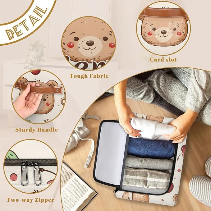 Custom Cute Bear Storage-Bin With Zipper Lid for Kids-Girls-Boys-Baby-Pet,Personalized Name Foldable Storage Box with Handle,Baby Basket With Label for Bedroom Nursery Toy Clothes,Light Yellow
