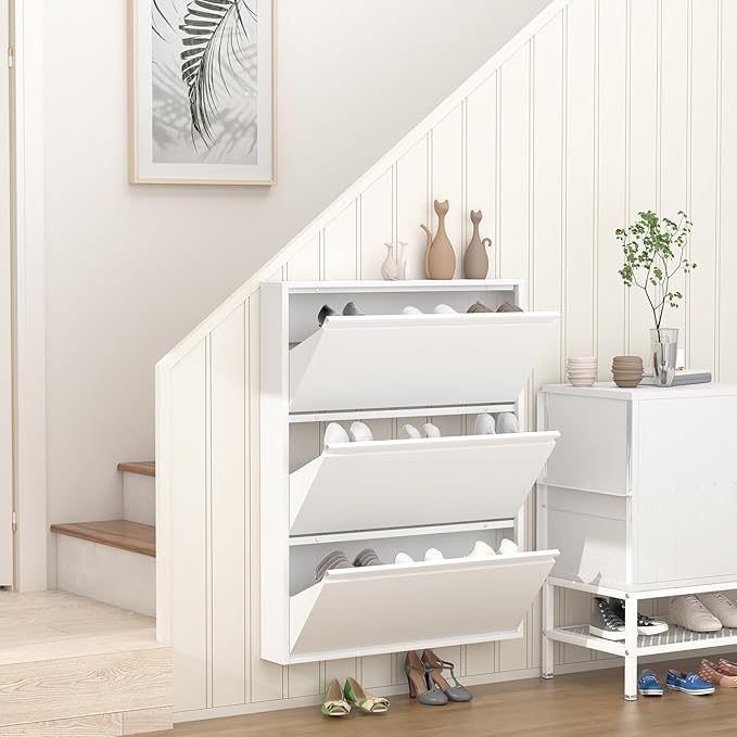 GREATMEET Shoe Rack for Closet, Slim Wall Mounted Metal Cabinet with 3 Flip Drawers, Steel Hidden Shoe Cabinet Storage for Entryway, Modern Narrow Shoe Organizer Cabinet for Mudroom, Hallway, White