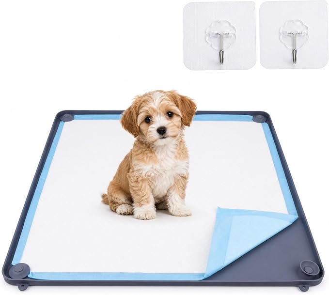 Silicone Dog Pee Pad Holder, 24×24 in, for Small Dogs Under 10 lb, 2-in-1 Flat/Wall-Mount Design, Non-Slip Anti-Splash with Corner Snap Locks, Deep Gray