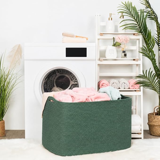 112L Extra Large Blanket Basket Holder Living Room, 25"x17"x16" Rectangle Rope Woven Storage Basket with Handles for Laundry, Towels, Shoes, Dog Toy Organizer Bin Box, Green