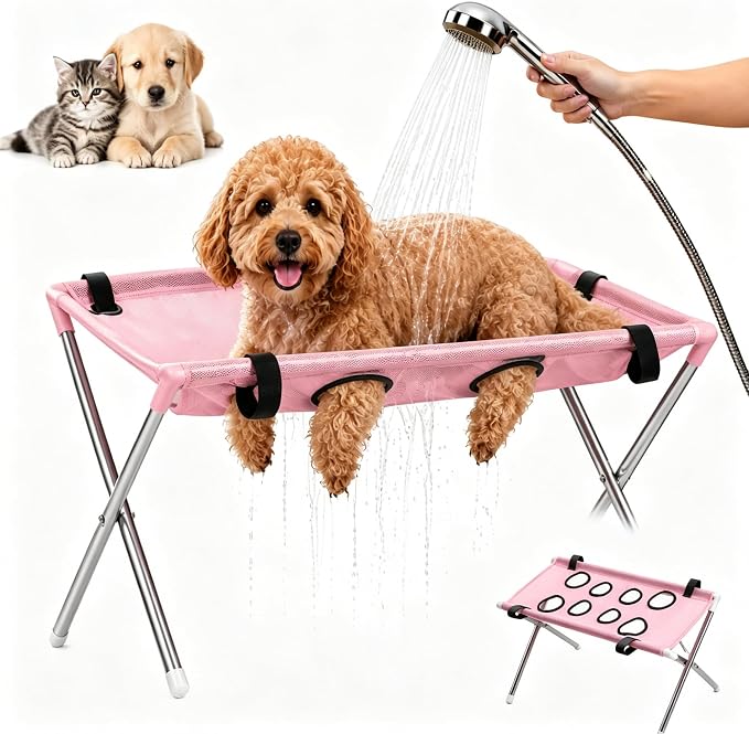 Foldable Pet Bathing Stand Holder Grooming Shower 8-Hole Wash Hammock,Washing Bed for Small Dogs and Cats Washing Picking Ears Nail Clipping,Stainless Steel Grooming Table with Stand，Ordinary-Pink