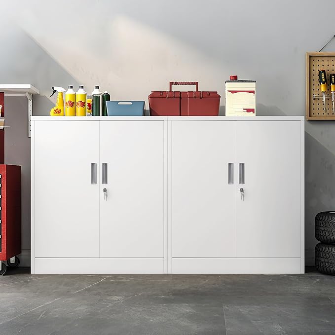 Wanfu Metal Storage Cabinet, 36" H Locking Storage Cabinet with 2 Adjustable Shelves for Garage, Home, Office, Utility Room-White