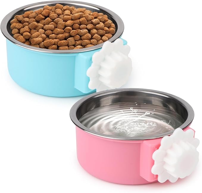 Hypeety Dog Crate Water Bowl No Spill - Hanging Attachable Pet Bowls for Kennel Durable Stainless Steel Food Water Dishes for Small Dogs Cats Rabbits Parrots with Non-Slip Base (Blue+Pink)