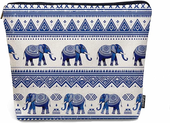 Elephant Cosmetic Bags For Women, Ethnic Geometric Elephant Roomy Makeup Bag Toiletry Bag Accessories Organizer Storage Bags Makeup Pouch For Travel Business Gym Camping Bathroom, Blue