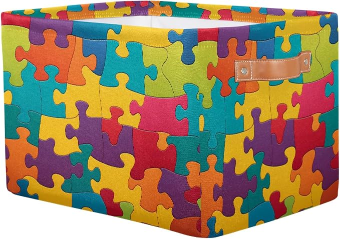 Rectangle Storage Baskets for Shelves, Colorful Puzzles Pattern Storage Cube Organizer Bins Collapsible Toy Basket for Nursery Home Room