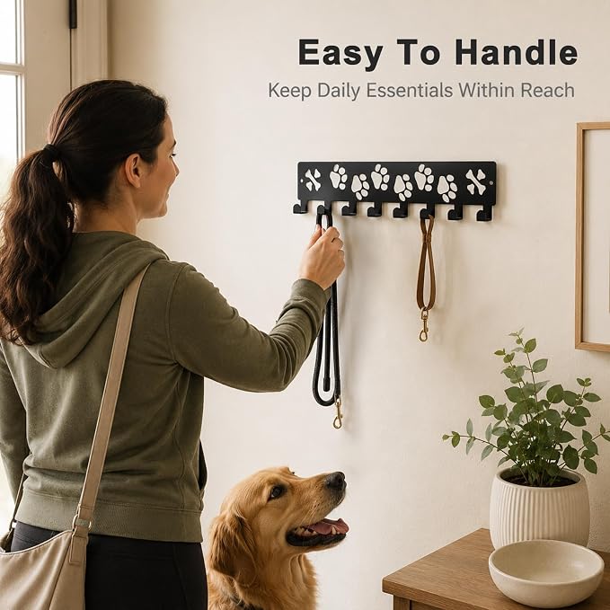 Dog Leash Holder for Wall, Key Holder Wall Mount, Cat Paws Design Metal Rack with 8 Hooks, Multi-Purpose Organizer Rack for Dog Leashes, Pet Collars, Toys, Treats & Household Keys