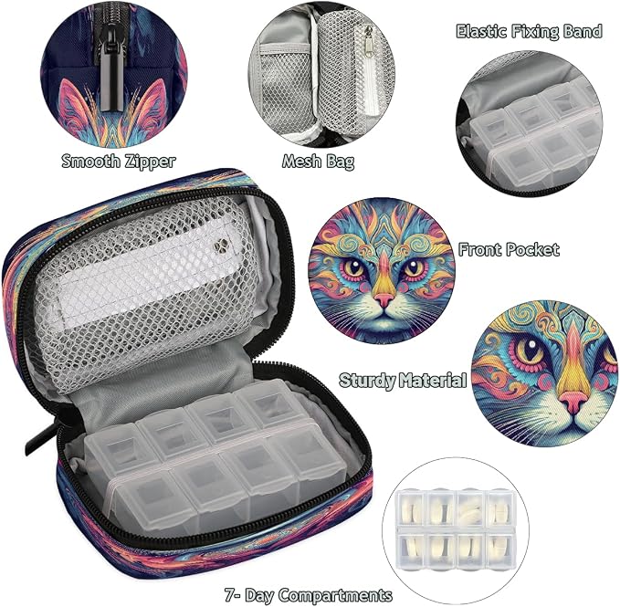 Pill Organizer Box Cat Pet Starry Sky 7-Day Weekly Medicine Pill Case Travel Pill Container Portable Pill Holder Storage Purse Bag Small Compact Size for Vitamin Supplement Birth Control